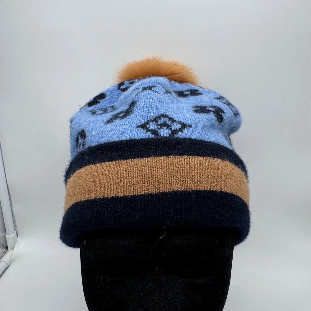 Mitchies 100% Wool Monogram Floral Beanie with Genuine Fur‎ Pom Pom Blue Navy